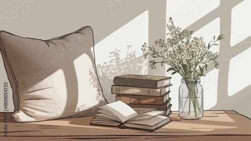 Cozy Living Room Corner with Pillow, Books, and Fresh Flowers in Vase