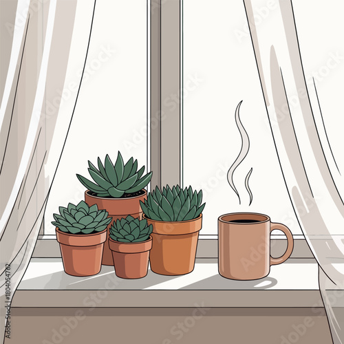 Cozy Window with Succulent Plants and Steaming Coffee Mug