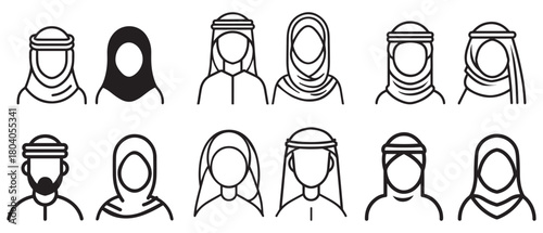Islamic men and women icon character outline. Arabic vector design.