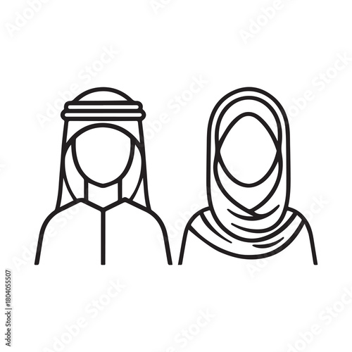 Islamic men and women icon character outline. Arabic vector design.