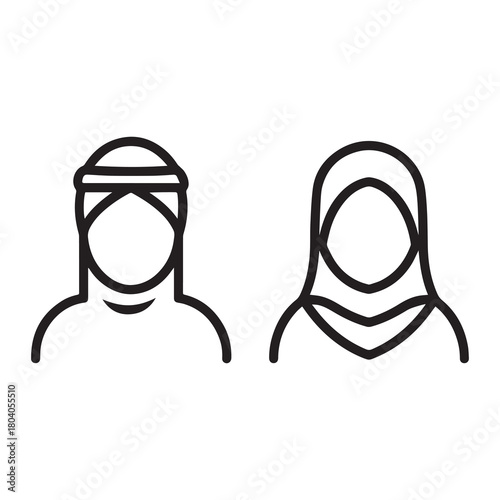 Islamic men and women icon character outline. Arabic vector design.