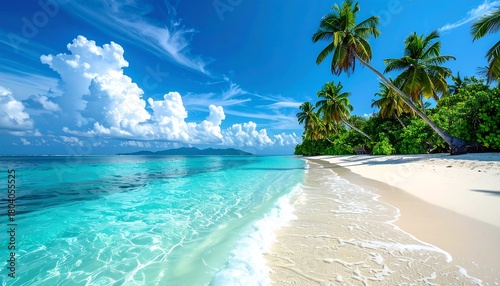 Fototapeta Naklejka Na Ścianę i Meble -  A vibrant tropical paradise showcases a sandy beach, clear turquoise water, palm trees swaying gently, and a bright blue sky filled with fluffy clouds