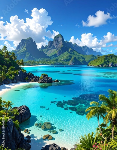 Fototapeta Naklejka Na Ścianę i Meble -  A vibrant tropical vista. Crystal clear turquoise water meets a white sand beach framed by palm trees, mountains, and a blue sky