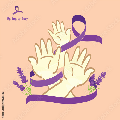 purple ribbon and lavender flower decoration vector for national epilepsy day or cancer day awareness