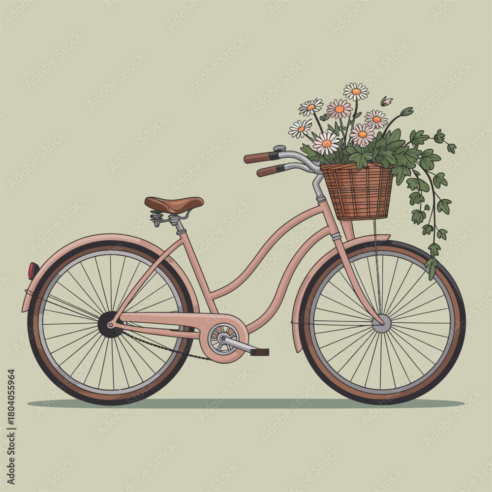 Fototapeta premium Vintage Bicycle with Basket of Daisies on Scenic Path