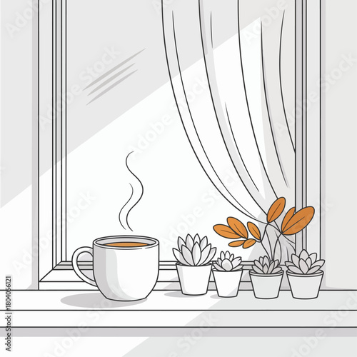 Cozy Window with Succulent Plants and Steaming Coffee Mug