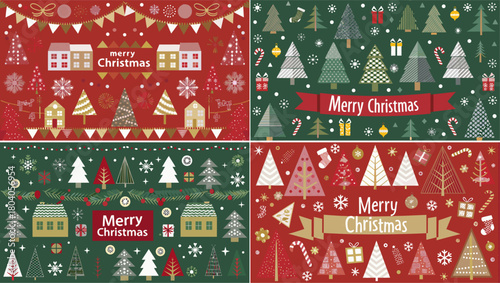 Festive christmas themed collage featuring christmas trees houses snowflakes and merry christmas greetings
