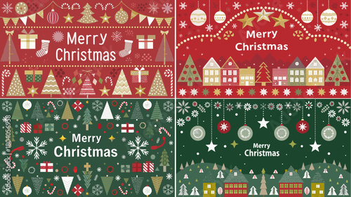 Four christmas themed backgrounds with trees gifts ornaments and houses in red and green colors scheme design