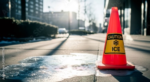 Orange caution ice cone on icy sidewalk. Winter safety sign for public walkway. Hazard warning of slippery surface due to freezing weather.