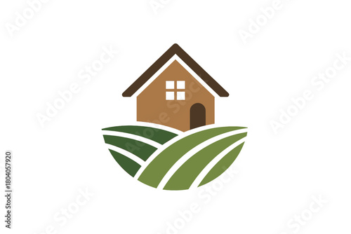 Simple house icon above rolling green agricultural fields logo design