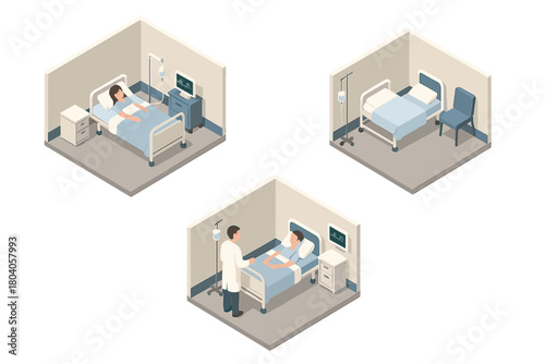 Isometric scenes of hospital room interactions between patient and medical staff