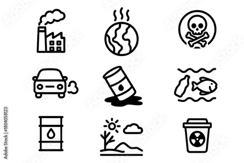 Environmental pollution and hazard icons set for ecological issues