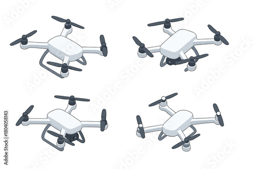 Isometric set of white quadcopter drones with various camera views