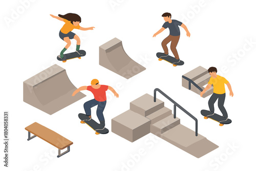 Isometric skateboarders performing various tricks on urban park elements