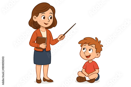 Female teacher pointing with stick at attentive young boy sitting on floor