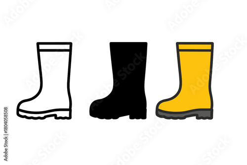 Three styles of rubber rain boots icons: outline, solid black, and color