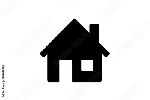 Minimalist black house icon featuring chimney and window cutout