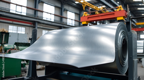 Roll of galvanized steel sheet in a metalworking factory. Concept Metalworking Industry, Galvanized Steel, Factory Production, Industrial Equipment, Manufacturing Process