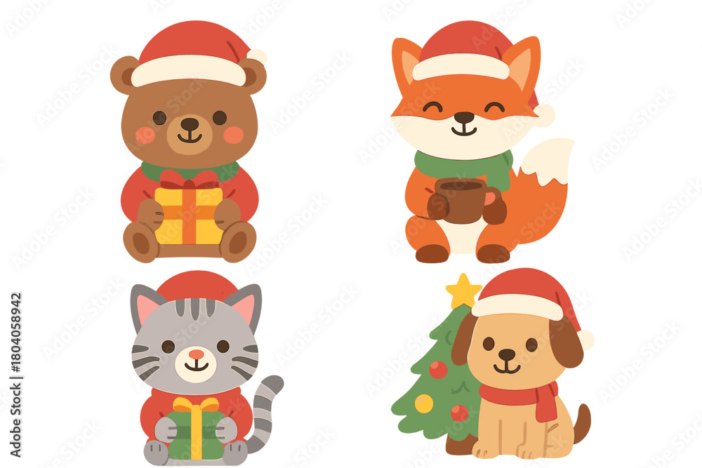 Naklejka premium Four cute cartoon animals wearing festive Santa hats for winter holidays