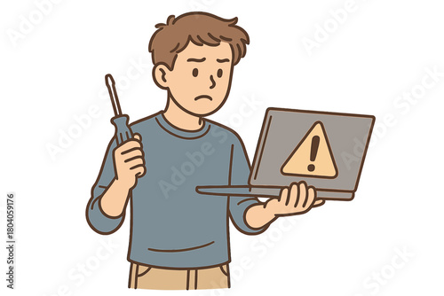 Confused man holding screwdriver and laptop with warning sign