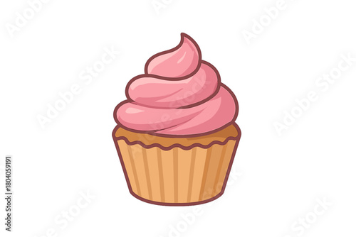 Sweet cupcake with swirled pink frosting and paper liner