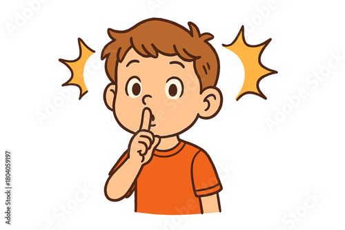 Young boy making a shushing gesture with finger over mouth