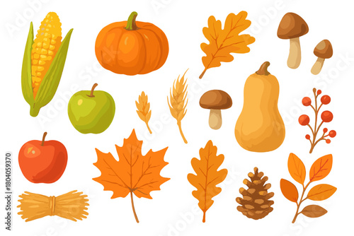 Assortment of harvest season fruits vegetables and autumn foliage elements
