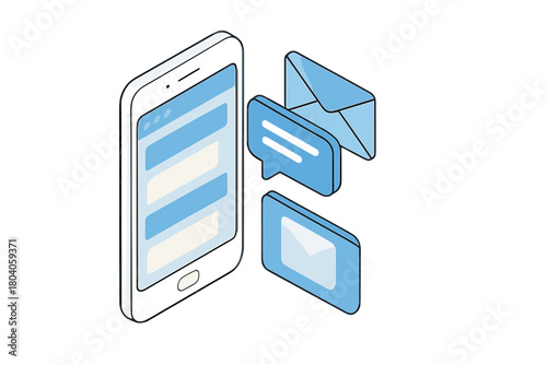 Isometric smartphone displaying message notifications and email alerts