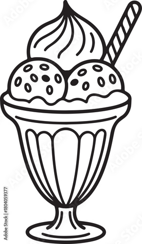 Ice Cream Sundae Line Art, Coloring Book Page Line Art Drawing, Vector and Illustration