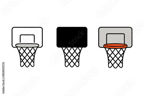 Set of three basketball hoop and backboard icons in outline and filled styles