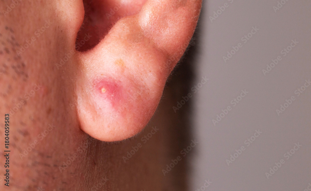 Fototapeta premium Red bump on the earlobe of a person, indicating a possible skin condition or irritation, red pimple