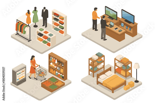 Isometric retail scenes featuring clothing, grocery, electronics, and bedroom settings
