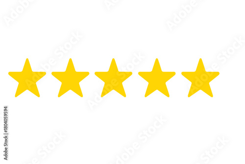 Five yellow rating stars aligned horizontally on white background