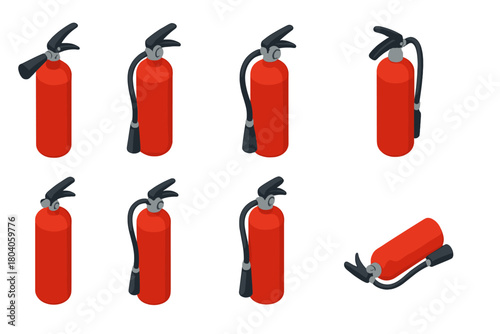 Isometric fire extinguisher icons displayed in multiple orientations
