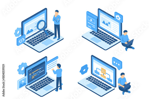 Isometric laptops displaying software development and digital data analysis concepts