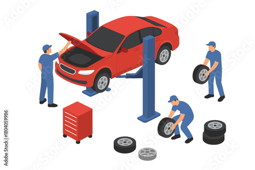 Isometric auto mechanics servicing red car on hydraulic lift