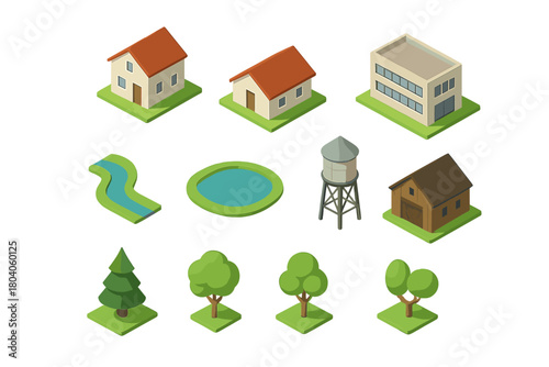Isometric set of rural and urban building components with natural scenery