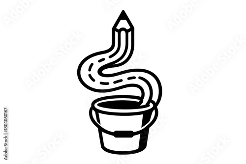 Pencil drawing winding road emerging from container symbolizing creative journey