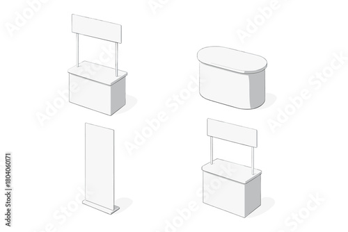 Isometric set of blank white exhibition and trade show display booths