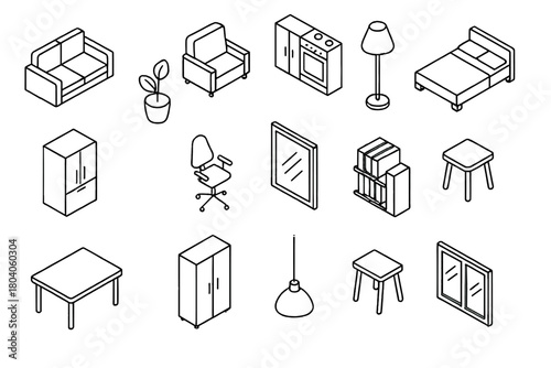 Isometric outline icons depicting various home and furniture elements