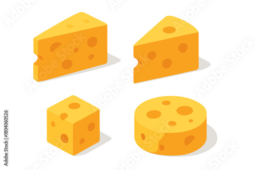 Isometric collection of yellow Swiss cheese pieces with characteristic holes