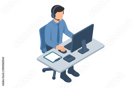 Isometric customer support agent working at computer with headset