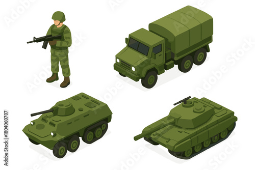 Isometric military equipment set featuring soldier and armored vehicles