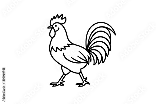 Simple black outline drawing of a walking rooster bird in profile