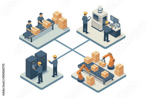 Automated manufacturing and data center workflow stages in isometric view