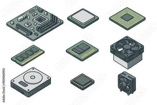 Isometric collection of computer hardware components like motherboard and processors