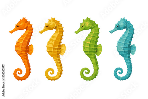 Four vibrant seahorses in orange, yellow, green, and blue colors