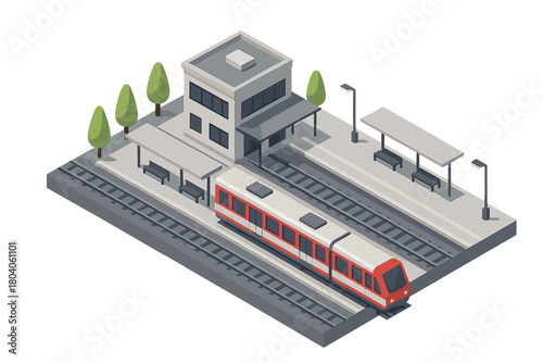 Isometric view of modern commuter train stopped at transit station platform