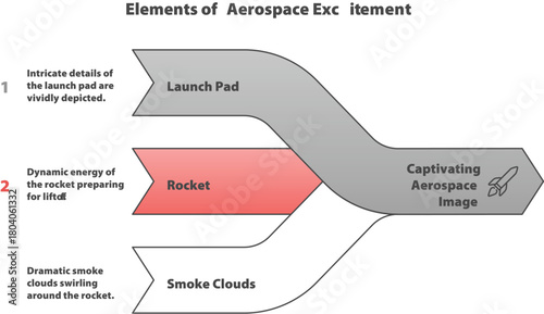 Elements of Aerospace Excitement: An illustrative design dissecting the elements of aerospace excitement with focus on launch pad, rocket, and smoke clouds.