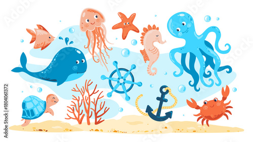 Ocean Animals. Sea life elements. Jellyfish, Crab, Turtle, Octopus, Fish, Coral, Starfish, Seahorse, Whale, Anchor. Childish Marine set with sea creatures for girls and boys Baby Shower, Birthday